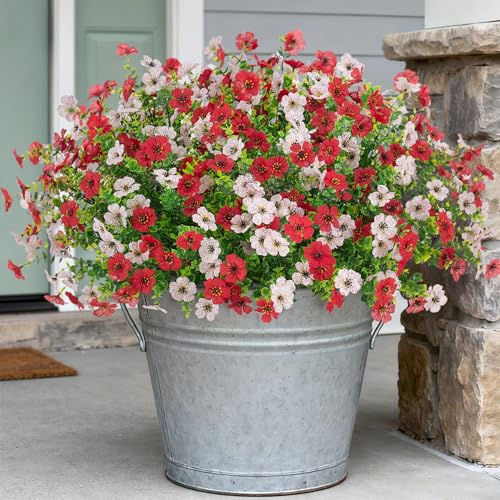 INXUGAO Artificial Fake Flowers Plants for Outdoor Spring Summer Decor, 12 Bundles Faux Silk Flowers for Outdoor Outside Planter Colorful Daisy UV Resistant Look Real for Front Door Porch Patio Yard - color: Red White