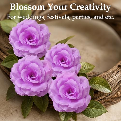 Rose Artificial Flowers, 50Pcs White Roses Head Flowers Bulk with Stem, 3 Inches Silk Rose Fake Flower Head for Wedding Party Home Decor DIY Baby Shower Centerpieces Tables Decoration (Light Purple) - color: Light Purple