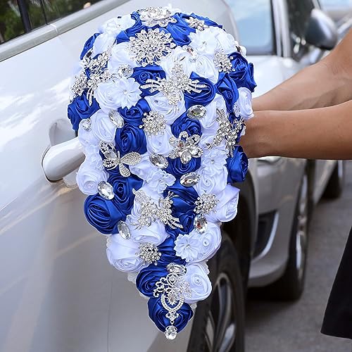 Luxury Cascade Bridal Wedding Bouquet Satin Rose Waterfall Holding Bouquet Artificial Flower Bunch for Bride Bridesmaid(Royal Blue & White, 15" x 7.5") - color: Royal Blue & White, size: 15"L x 7.5"W(38cm x 19cm)