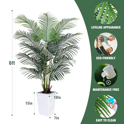 Artificial Palm Tree with White Tall Planter, 6ft Tall Potted Artificial Silk Palm Tree Plant, Fake Tropical Plant, Home Office Floor Room Decor Plants Indoor Outdoor, Housewarming Gift - size: 6ft