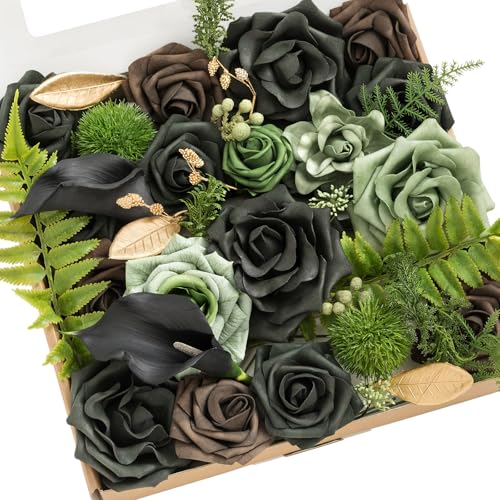 Ling's moment Fake Flowers Box, Faux Artificial Greenery Stems Foam Roses Gardenia Silk Lily Fabic Flower for Centerpieces Bouquet Wedding Vase Floral Decorations, Emerald & Gold, Grand Combo - color: Grn-emerald & Gold, size: Grand