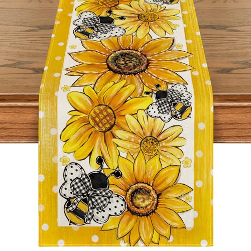 Artoid Mode Sunflower Bee Flower Polka Dot Summer Table Runner, Seasonal Kitchen Dining Table Decoration for Indoor Party Home 13x72 Inch - color: Beige-yellow, size: 13" x 72", Table Runner