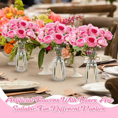 Thiccywoov 19 Pack Artificial Peony Flowers with Vase Bulk, 12 Bundles Faux Peony Bouquet 6 Vase with 1 Rope Silk Flower Arrangement Wedding Table Centerpiece for Wedding Bridal Shower(Cherry Pink) - color: Cherry Pink