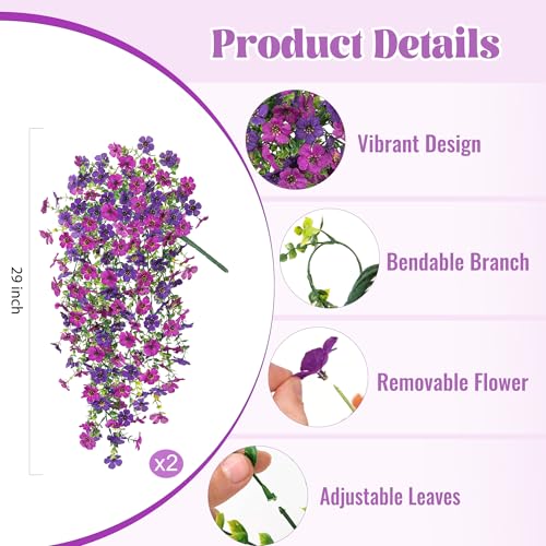 Ammyoo 2Pcs Fake Hanging Flowers for Outdoor Decoration Artificial Hanging Flowers Realistic Daisy Plants UV Resistant, Faux Silk Flower for Porch Patio Window Sill Outside Decor(Purple Deep Purple) - color: Purple Deep Purple