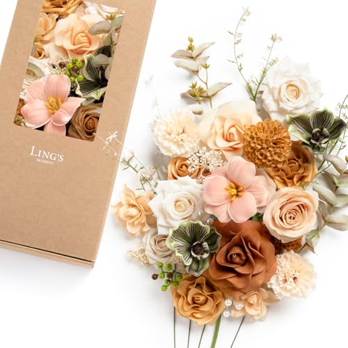 Ling's moment Fake Flowers Box, Faux Artificial Greenery Stems Foam Roses Dahlia Gardenia Tulip Silk Carnation Fabic Flower for Centerpieces Bouquet Wedding Vase, Apricot & Peach, Deluxe Combo - color: Or-apricot & Peach, size: Deluxe