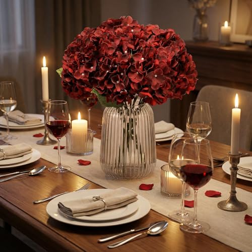 2Bouquets Artificial Fake Flowers Plants Silk Hydrangea Arrangements Wedding Bouquets Decorations Plastic Floral Home Kitchen Garden Party Festival Bar DIY (Dark Red,5 Flower Heads) - color: Dark Red，5 Flower Heads