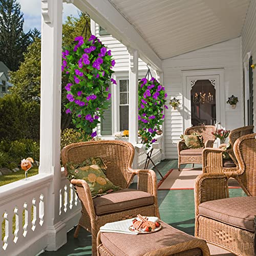 Artificial Fake Hanging Flowers Plants Basket for Spring Outdoor Outside Decoration, UV Resistant Faux Plastic Fabric Flower Morning Glory Wisteria Petunia for Garden Porch Patio Balcony Yard Decor - color: Purple