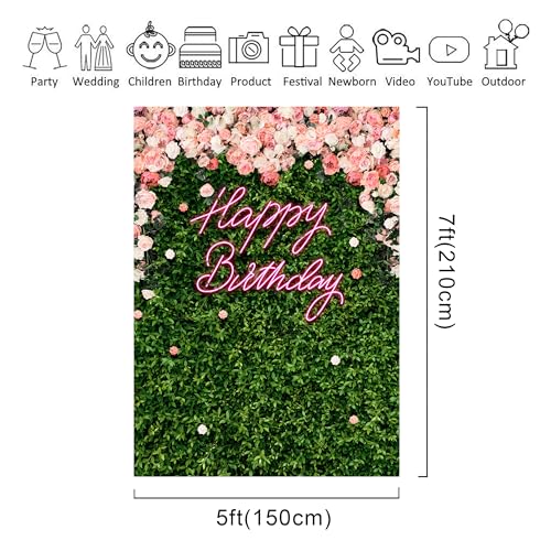 Riyidecor Flower Wall Happy Birthday Backdrop Neon Green Leaves Pink Rose Floral Blossom Botanical Plant Nature 5W*7H Feet Women Girls Photography Background Bday Party Photo Studio Shoot Fabric - color: A-Birthday （Green Rose）, size: 5Wx7H