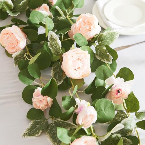 MISSPIN 2pcs Artificial Flowers Garland Spring Eucalyptus Garland Vintage Fake Flower Peony Rose Vine Greenery Decorative Wall Hanging Plant for Wedding Arch Door Arrangement Party Decor (Pink,2) - color: Pink,2
