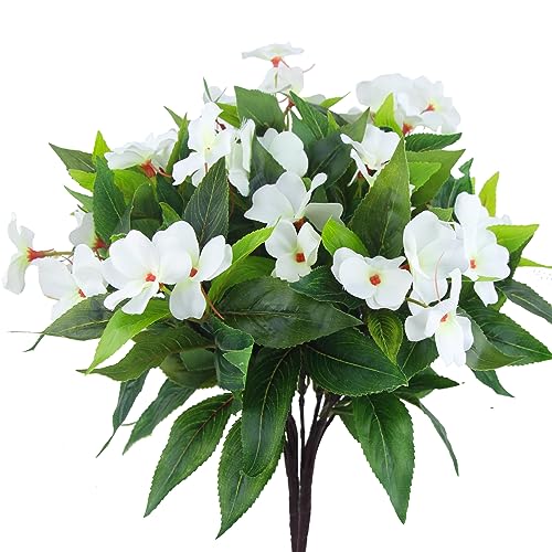2 Pcs Artificial Impatiens Flowers for Outdoors Faux Impatiens Bushes White Silk Flowers Greenery Artificial Impatiens Bouquet for Patio Lawn Garden Pot Hanging Basket Porch Decoration - color: White
