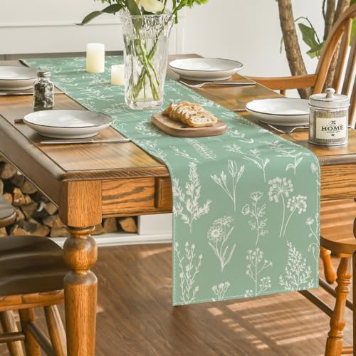 Artoid Mode Sage Green Leaves Flowers Spring Table Runner, Seasonal Kitchen Dining Table Decoration for Home Party Decor 13x90 Inch - color: Sage Green, size: 13" x 90", Table Runner