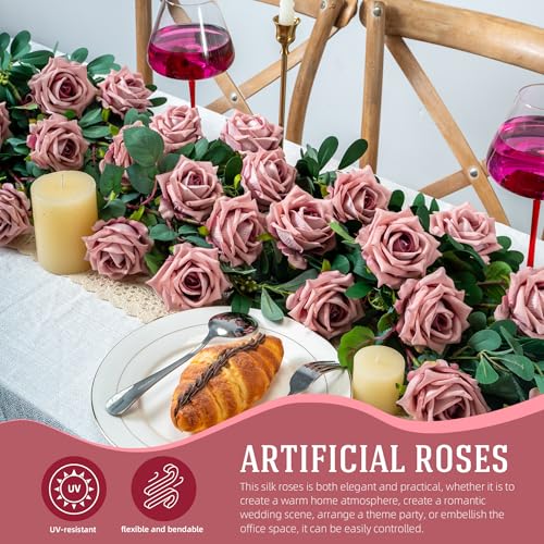 Ttranewsoo Fake Roses Faux Flowers Silk Roses 16.5in Artificial Roses with Stems Realistic Artificial Flowers Suitable for Indoor Home Decor DIY Bouquet Wedding Decor Party Decor (Pink Purple,12PCS) - color: Pink Purple 12pcs