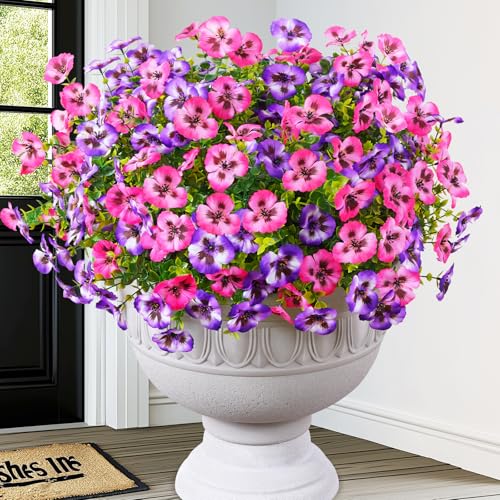MARTINE MALL 12 Bundles Look Real Artificial Flowers for Outdoors, Realistic Fake Outdoor Flowers, UV Resistant Silk Pansy Flowers for Outside Faux Flowers Plants for Outdoor Porch Patio, Pink+Purple - color: Pink+purple, size: 12 Bundles
