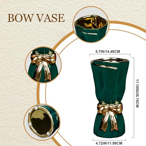 Green Ceramic Vases Home Decor, Tall Modern Vase for Pampas Grass,11 Inch Bow Flower Vase for Console Table, Entryway, Mantle Decor, Fireplace Decorations for Living Room - color: Dark Green, size: 11 inch