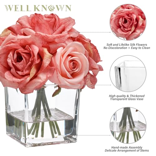 WELL KNOWN Rose Artificial Flowers in Vase with Faux Water, Silk Rose Table Centerpieces for Home Coffee Table Decor, Bean Pasty Pink Fake Rose Flower Arrangement for Wedding Office Hotel & Mom's Gift - color: Bean Pasty Pink
