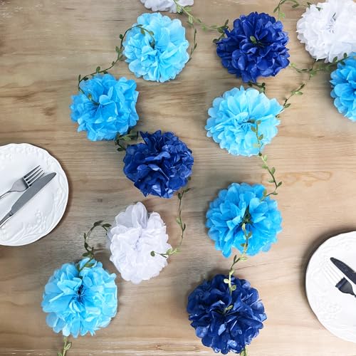 Blue White Party Decorations Ombre Blue Tissue Paper Flowers Pom Pom with Leaf Ribbon Hanging Garland Streamer for Birthday Baby Shower Wedding Under The Sea Nautical Ahoy Achor Party Supplies - color: Blue