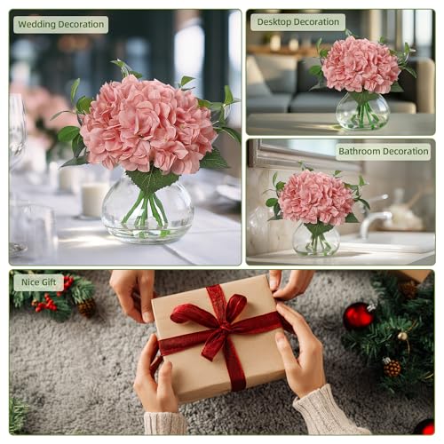 Hydrangea Artificial Flowers in Vase, Silk Faux Hydrangea Fake Flower Arrangements with Glass Vase and Faux Water for Home Decor Wedding Bouquets Table Centerpieces, Light Coffee, Set of 7 - color: Hydrangea Stems With Faux Water, size: Pink