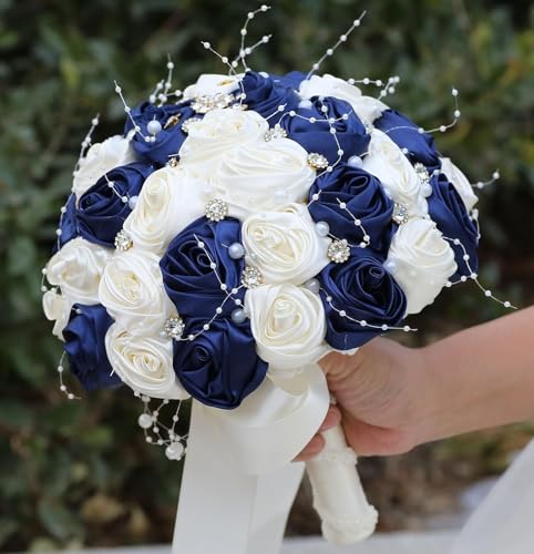 Ujicde Romantic Wedding Bouquet Bridal Bridesmaid Round Bling Brooch Bouquet Throw Toss Artificial Rose Flower Bunch with Sparkle Rhinestone Crystal Decoration(Navy Blue+Ivory,Dia. 6.3"*16cm) - color: Navy Blue+ivory, size: Dia. 6.3"*16cm
