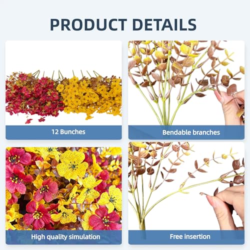 Artificial Flowers for Outdoors UV Resistant, 12 Bundles Realistic Faux Daisy with Eucalyptus Leaves Fake Plants for Porch Patio Planter Garden Decoration (Brown Yellow) - color: Brown Yellow