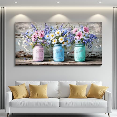 ZUITINGHUA Canvas Wall Art For Living Room Large Wall Decor For Office Bedroom Decoration Vintage Landscape Picture Mason Jar Floral Painting Artwork Room Wall Mural Aesthetic Home Decor 30x60 In - color: Vintage Mason Jar Floral, size: 60"L x 30"W