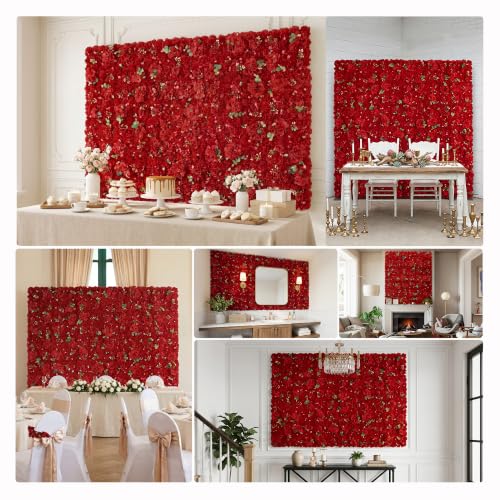 12pcs Artificial Flower Wall Backdrop 16.5x16.5 Inch Bright Red Floral Panel Silk Rose Wall Background Ideal for Wedding Celebrations, Party Backdrops and Elegant Home Decor - color: Bright Red, size: 16.5inch