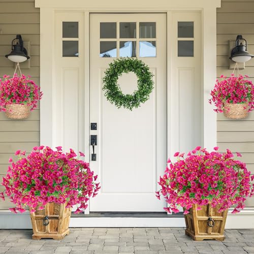 Artificial Flowers for Outdoors 12 Bundles Realistic Faux Plants UV Resistant Fake Silk Morning Glory with Eucalyptus for Front Door Planter Patio Porch Outside Spring Summer Decoration (Magenta) - color: Magenta