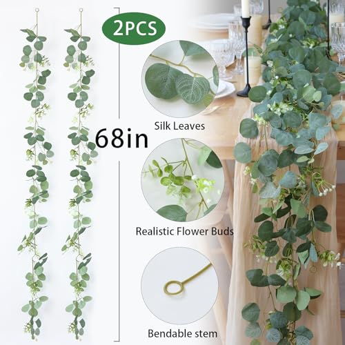 Mizii 2 Strands Artificial Vines Eucalyptus Garland 68" Fake Vine with Silk Leaves Green Garland Faux Hanging Plants Greenery Decoration for Bedroom Room Table Centerpieces Wedding Decor (Greenery) - color: Greenery