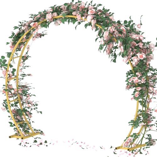 Queension Metal Wedding Arch | for Ceremony Party Decoration 8Ft Wide 7Ft High,Garden Arch Trellis with Ground Bases for Climbing Plants,Outdoor Garden Arbor for Roses Vines, Round Frame, Gold - color: Gold, size: 8FT