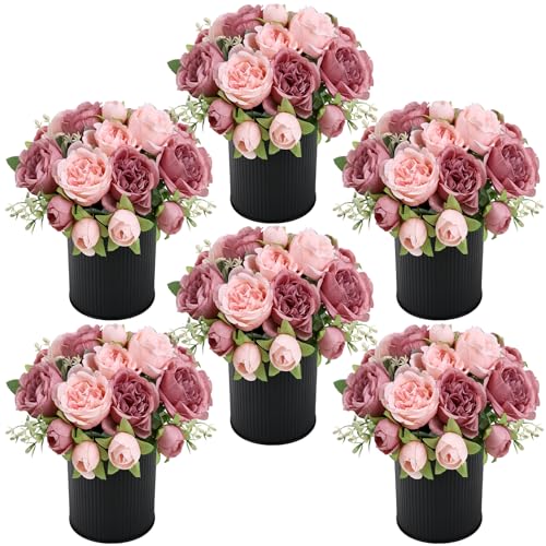 Pre-Made Flower Table Centerpieces, Set of 6 Artificial Silk Peonies with Black Vase for Wedding Reception, Modern Floral Decor for Birthday Party, Anniversary Ceremony - Vintage & Pastel Pink - color: Vintage Pink & Pastel Pink
