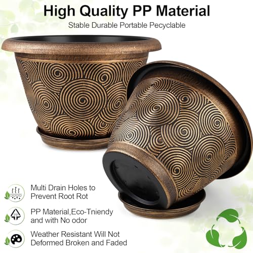 Fodetyff 8 Inch Flower Pots Planters for Indoor Outdoor Plants, 4 Pack Plastic Small Plant Pots with Drainage Hole & Tray, Modern Decorative Garden Pot with Saucer, Plant Container for House - color: Gold, size: 8 inch-4 pack