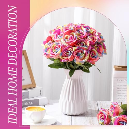 Hotop 40 Pcs Rose Artificial Flowers Bulk with Long Stem,Realistic Silk Fake Roses Bouquet for Home Wedding Centerpieces Party Table Decoration Valentines Gifts(Rainbow Color) - color: Rainbow Color