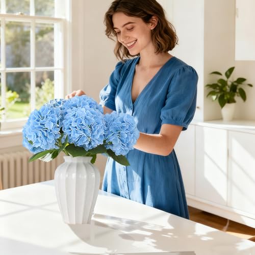 20" 4Pcs Blue Faux Hydrangea Flowers Real Touch Fake Hydrangeas Bouquet Hydrangea Artificial Flowers with Leaves Stems for Centerpiece Arrangements Wedding Party Home Décor - color: Blue