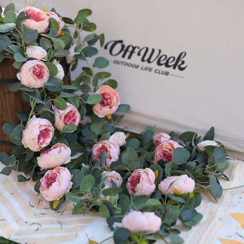 MISSPIN 2pcs Artificial Flowers Garland Spring Eucalyptus Garland Vintage Fake Flower Peony Rose Vine Greenery Decorative Wall Hanging Plant for Wedding Arch Door Arrangement Party Decor - color: Vintage Pink,2