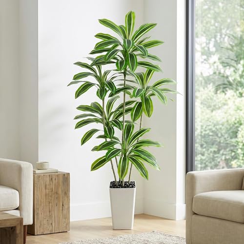 Artificial Yellow Dracaena Tree, 6FT Artificial Plants Indoor with White Tall Planter, Faux Yucca Silk Tree Fake Tropical Floor Plant in Pot, Fake Plants for Home Room Office Entryway Porch Decor - color: White-yellowleaf, size: 6FT
