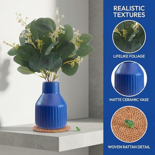 Artificial Eucalyptus Greenery Stems in Ceramic Vase 10Pcs Fake Plants Eucalyptus Leaves for Centerpiece Table Decorations Home Room Decor Office Desk Decor Greenery Decor Indoor (Blue) - color: Blue