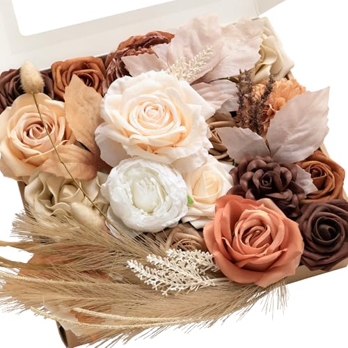 Ling's moment Fake Flowers Box, Faux Artificial Greenery Stems Foam Roses Gardenia Silk Peony Pampas Fabic Flower for Centerpieces Bouquet Wedding Vase Floral Decorations, Boho & Sepia, Grand Combo - color: Beg-boho & Sepia, size: Grand
