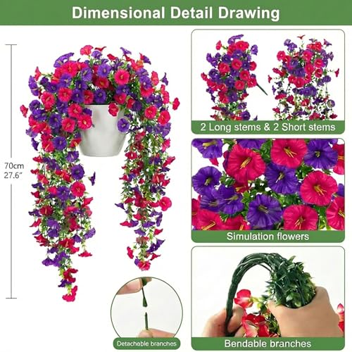 4 Bundles Artificial Silk Flowers for Outdoor Decor, UV Resistant Realistic Faux Morni ng Glory Flowers for Hanging Planters, Window Box, Porch, Patio, Yard, Garden Decor(Purple Pink) - color: Purple Pink