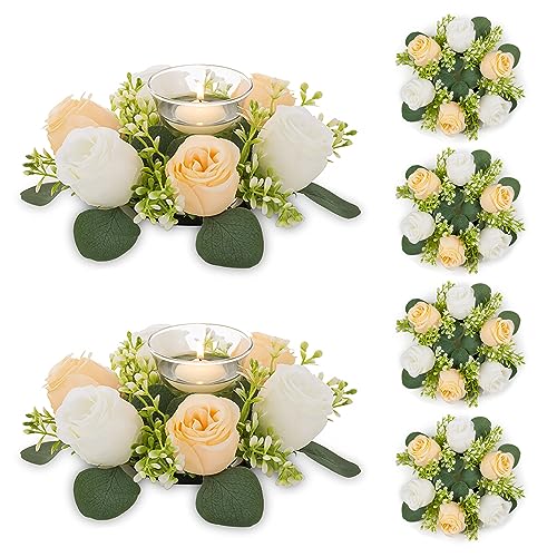 NUPTIO Small Flower Rings for Centerpieces: 9.05 Inch Champagne & White Candle Wreath for Wedding Party Christmas Table Decorations - Spring Summer Front Door Porch Decor 6 Pcs - color: Champagne & White, size: Dia 9.05"-6pcs