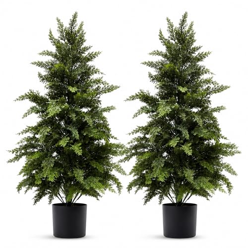 3 ft Extra Full Artificial Cedar Topiary Trees Set of 2 for Porch | Extra-Dense Foliage, Full Shape, UV Resistant, Stable Base, No Watering, for Porch Patio Garden Entryway - color: Cedar Green, size: 3FT