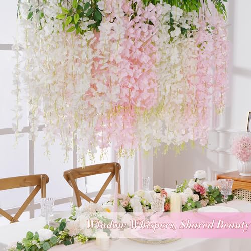 60 Pack White Pink Wisteria Hanging Flowers, Fake Hanging Flowers for Decoration, Artificial Flowers,Vines for Bedroom,Flower Garland for Home,Party,Garden, Wall,Wedding Decoration(3.6 Ft/Pcs) - color: White & Light Pink, size: 60 Pcs