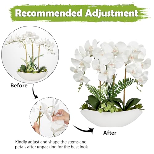 Briful Orchid Artificial Flowers 18in White Fake Orchid Silk Flowers with Ceramic Pot Faux Orchid Arrangement for Home Office Room Coffee Table Centerpiece Modern Decoration - color: White#1
