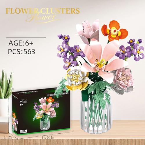 Flower Lily Building Blocks Bouquet Set, DIY Floral Arrangement Kit, Artificial Flowers Creative Decor for Home, Ideal Gift for Adults & Kids 563pcs (No Vase)