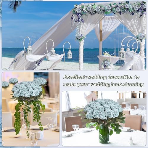 30pcs Fake Roses Artificial Silk Flowers Long Stems Bouquet for Wedding Bridal Shower Party Home Decoration (Dusty Blue) - color: Dusty Blue