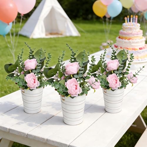 Artificial Flowers in Pot - 10 Inches Pre-Made Large Faux Silk Rose Floral Greenery Table Centerpieces with Rustic Tall Metal Vase for Farmhouse Home Decoration - Pink - color: Pink, size: 1 X Flowers Table Centerpiece