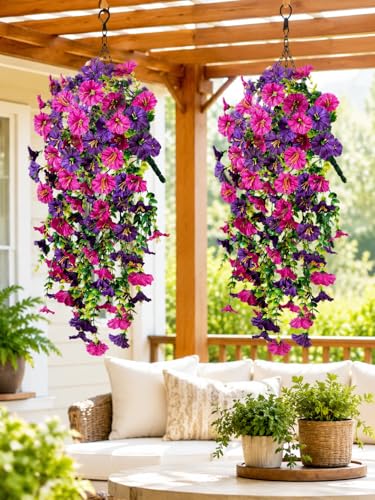2pcs Outdoor Artificial Morning Glory Hanging Flowers for Outdoors Garden, Patio, Balcony, Farmhouse Decor - Valentine’s Day, Christmas, Easter, Thanksgiving, Halloween