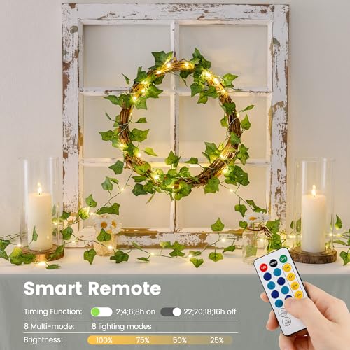 HEYFUNi Ivy Vines with Lights with Remote, 13 Ft 40LED Artificial Green Leaf String Lights USB/Battery Operated, Fake Vines for Bedroom Wall Aesthetic, Dorm, Room Decor, Warm White - color: IVY- Remote, size: 40 LED-USB & Battery