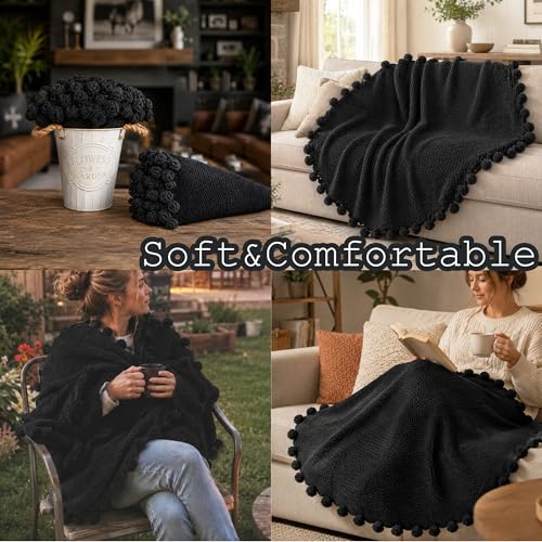 Crochet Flower Bouquet Throw Blanket, Cute Romantic Gift for Her Girlfriend Mom Mother’s Day Valentine Wedding Anniversary Birthday (Black, 40 inches) - color: Black, size: 40 inches