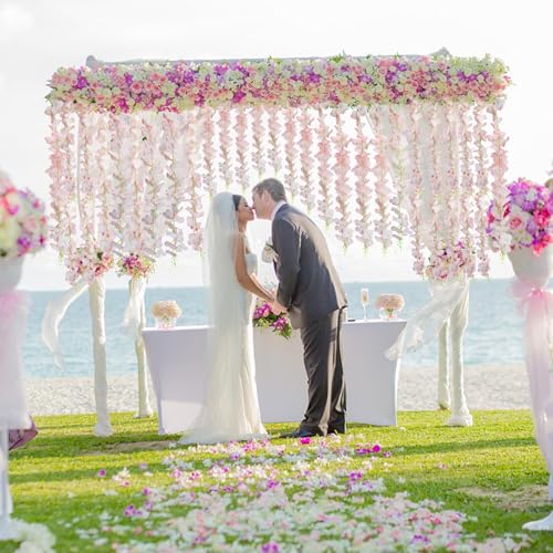12 PCS Wisteria Hanging Flowers with Lights, 3.6ft Fake Vines Artificial Wisteria Garland Silk Flower String for Wedding Arch Garden Party Home Ceiling Wall Backdrop Tent Decoration (Light Pink) - color: Light Pink With Lights, size: 12 Pack