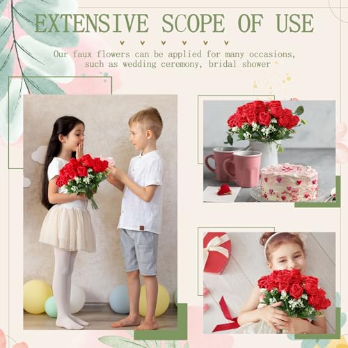 Jexine 16 Pack Artificial Roses Flower Bouquets Silk Fake Cream Flowers Bulk for Bridesmaid Bridal Wedding Party Decor, Home Vase Floral(Red) - color: Red