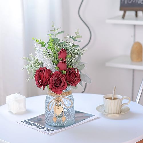 Faux Flowers with Vase,Artificial Silk Roses in Vase, Fake Plant Eucalyptus Flower Arrangement for Home Office Farmhouse Bathroom Dining Table Centerpiece Decorations Coffee Table Decor (Burgundy) - color: Burgundy